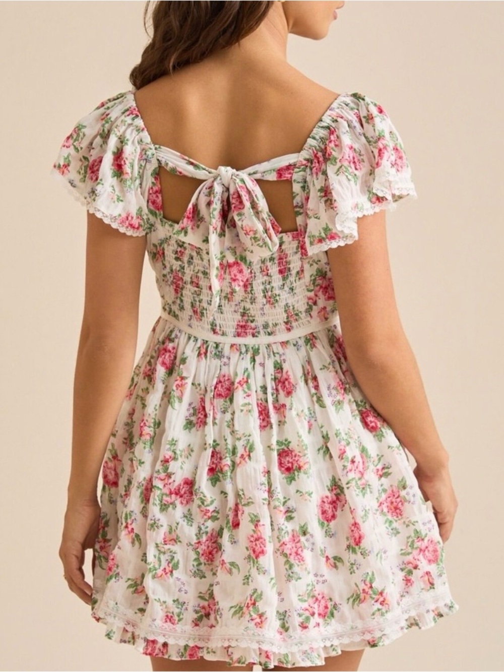 Altar'd State White Floral Tie-Back Ruffled Mini Dress Pink & Green Boho Cottage